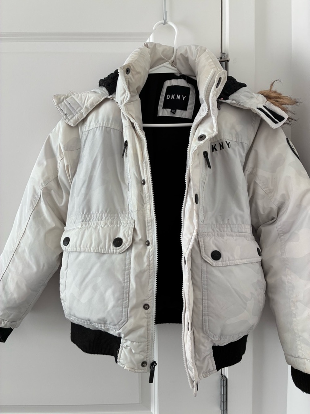 DKNY White Camouflage Puffer Jacket with Black Trim